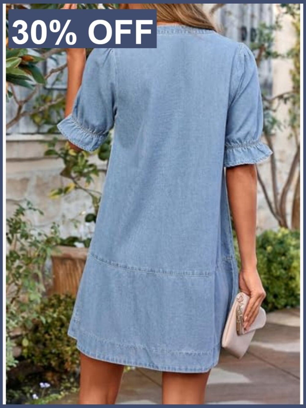 Denim Babydoll Dress with Short Sleeves and Button Front - Picture 2 of 7